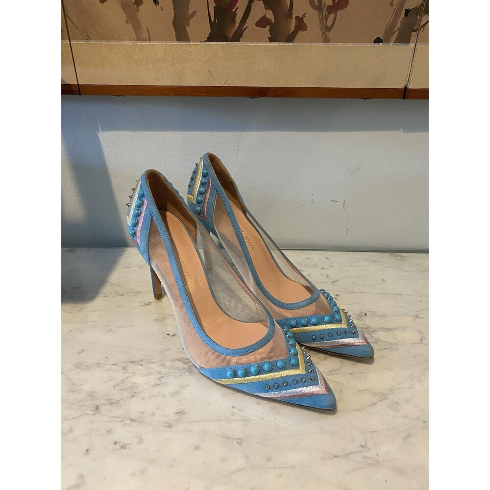 Stuart Weitzman Cotton Candy Heels Womens Size 9 Blue Studded Mesh Pointed Toe - Picture 2 of 6